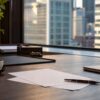 A quiet Tokyo financial office desk with blank papers and a notebook beside a city window