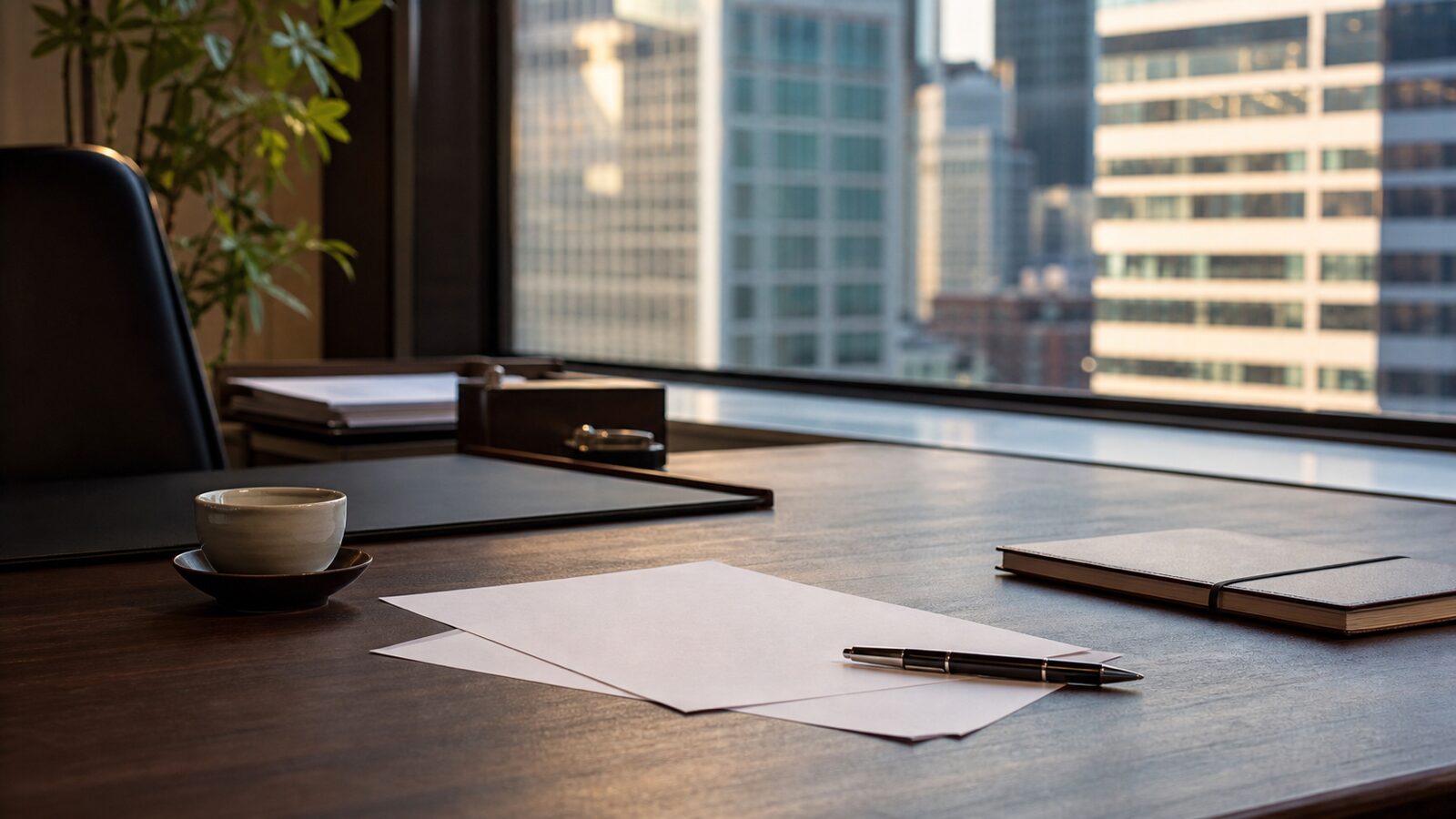 A quiet Tokyo financial office desk with blank papers and a notebook beside a city window
