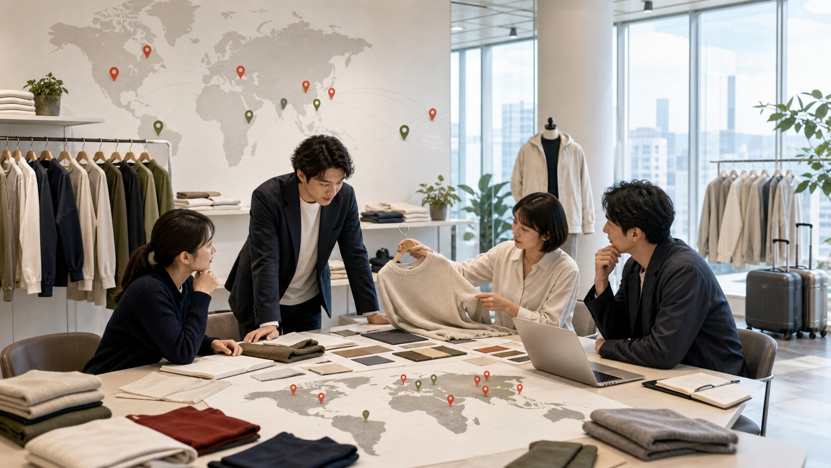 A modern apparel retail strategy room with clothing displays and global expansion notes, without logos or readable text.