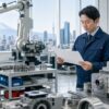 An engineer reviews machinery order documents beside precision equipment in a Japanese factory setting.