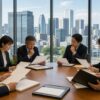 Japanese bank credit officers review blank lending documents in a Tokyo meeting room.