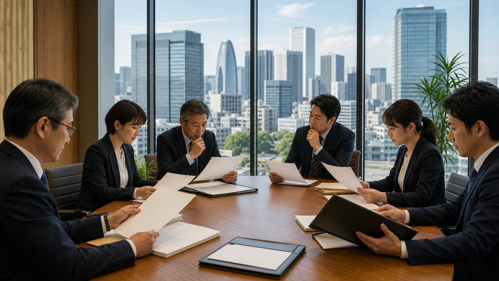 Japanese bank credit officers review blank lending documents in a Tokyo meeting room.
