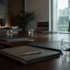 Editorial still life of a Japanese listed-company board table with neutral governance documents and soft market-office light.