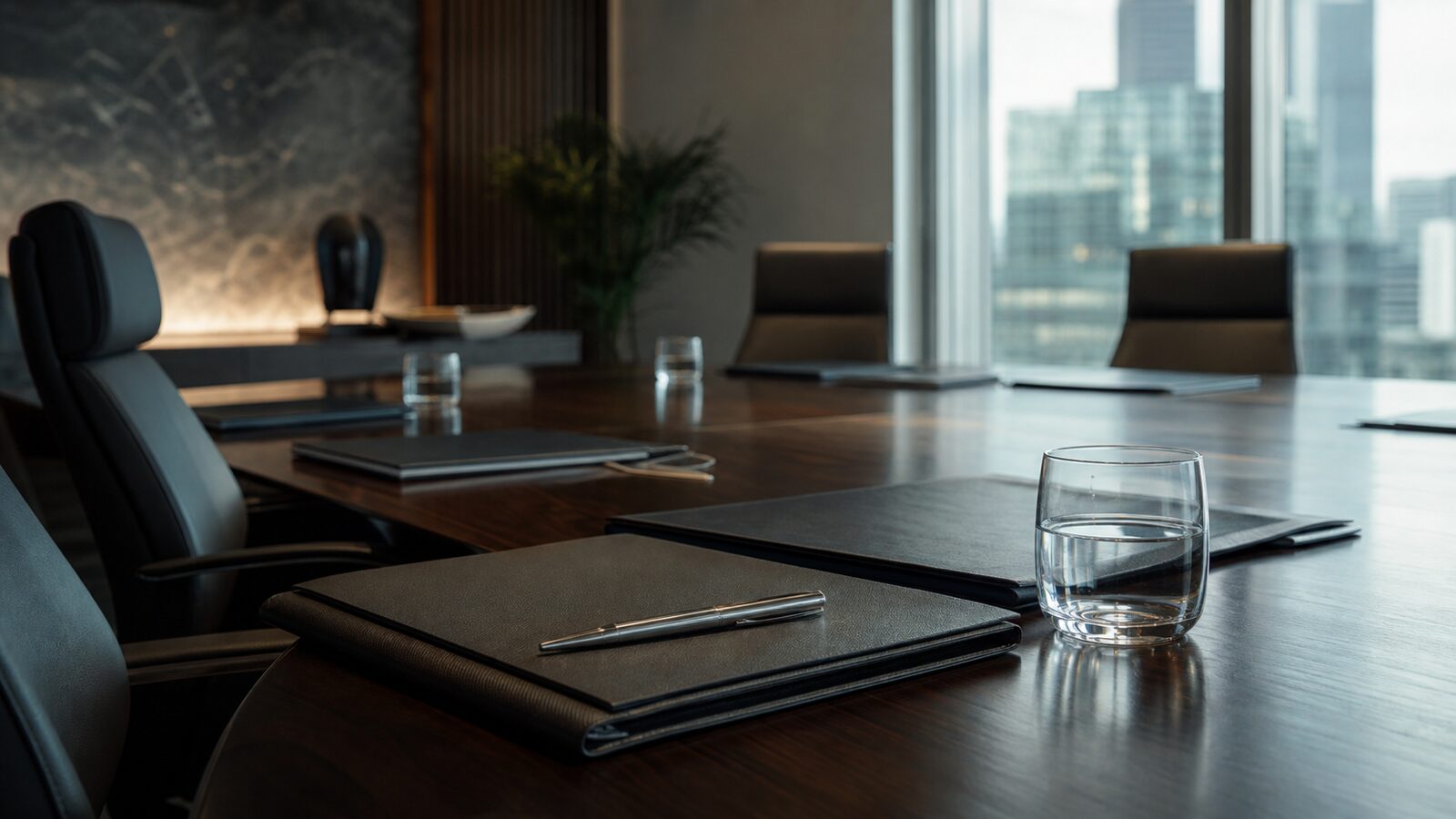 Editorial still life of a Japanese listed-company board table with neutral governance documents and soft market-office light.