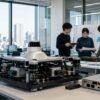 Engineers review an autonomous vehicle sensor rig in a Tokyo software lab without visible logos.