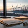 Port-side logistics office desk at dawn with unmarked trade paperwork and blurred container cranes beyond the window.
