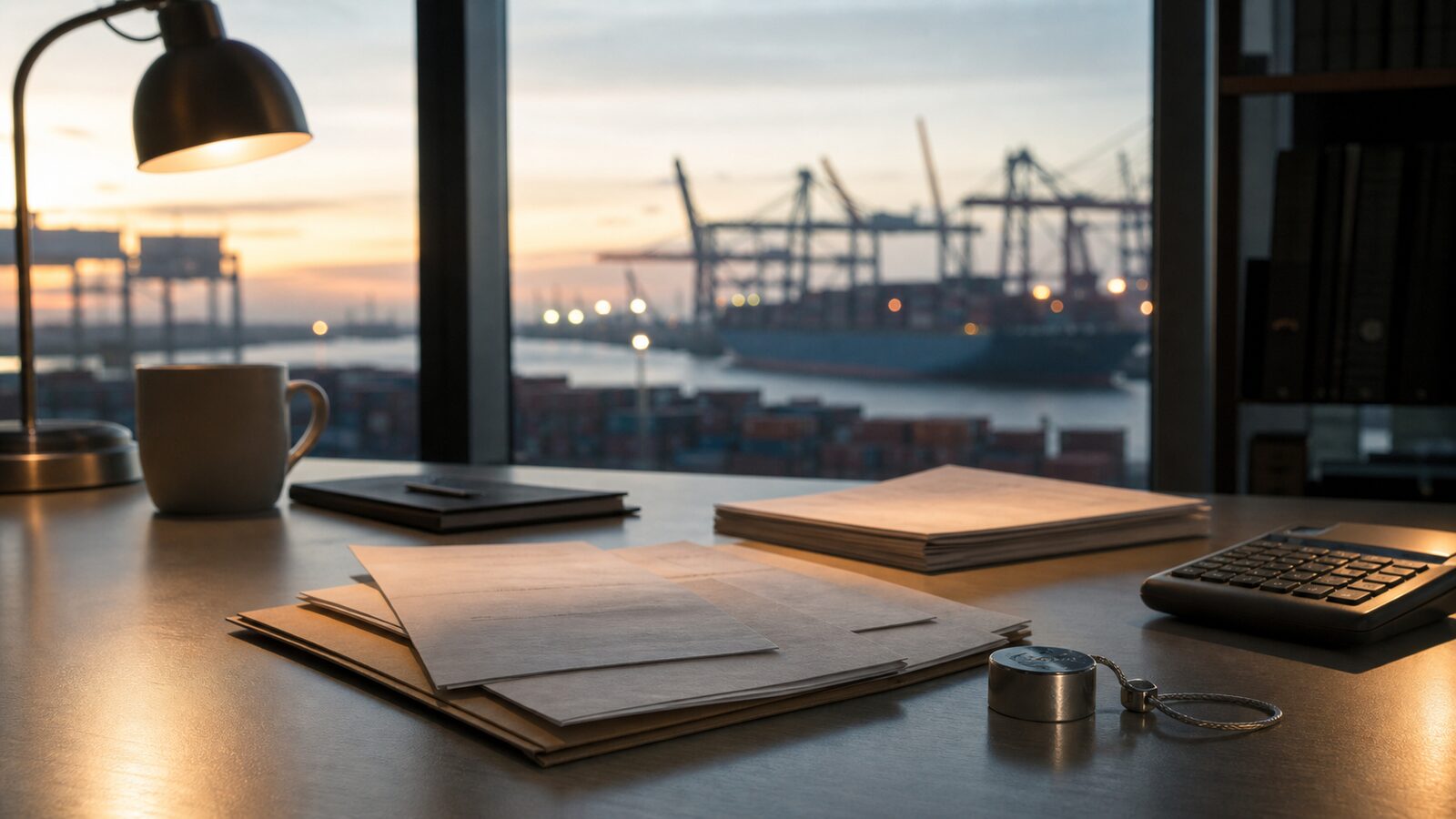 Port-side logistics office desk at dawn with unmarked trade paperwork and blurred container cranes beyond the window.