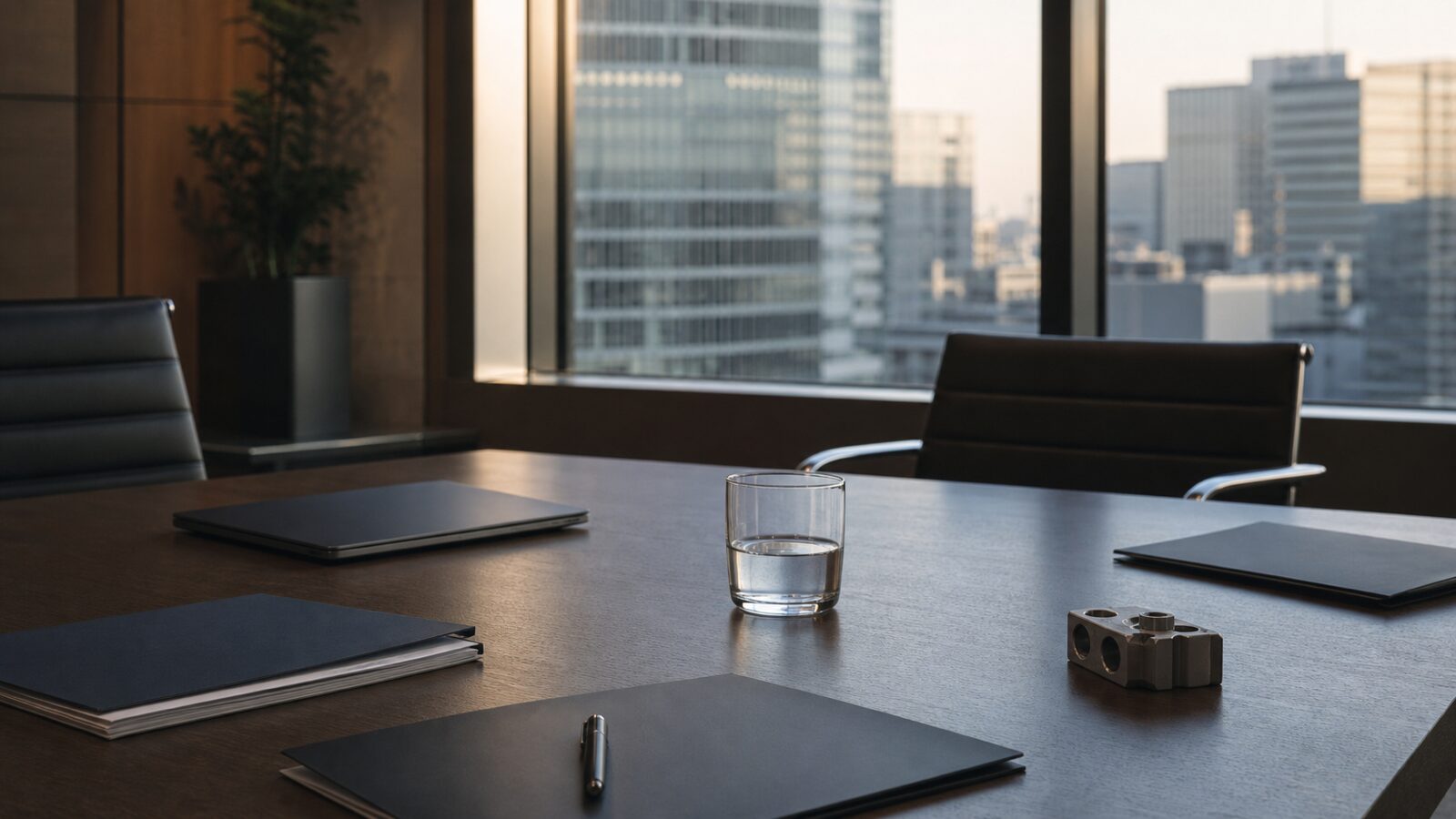 Modern Tokyo financial office table with blank folders and a prototype component set against a blurred city business district.