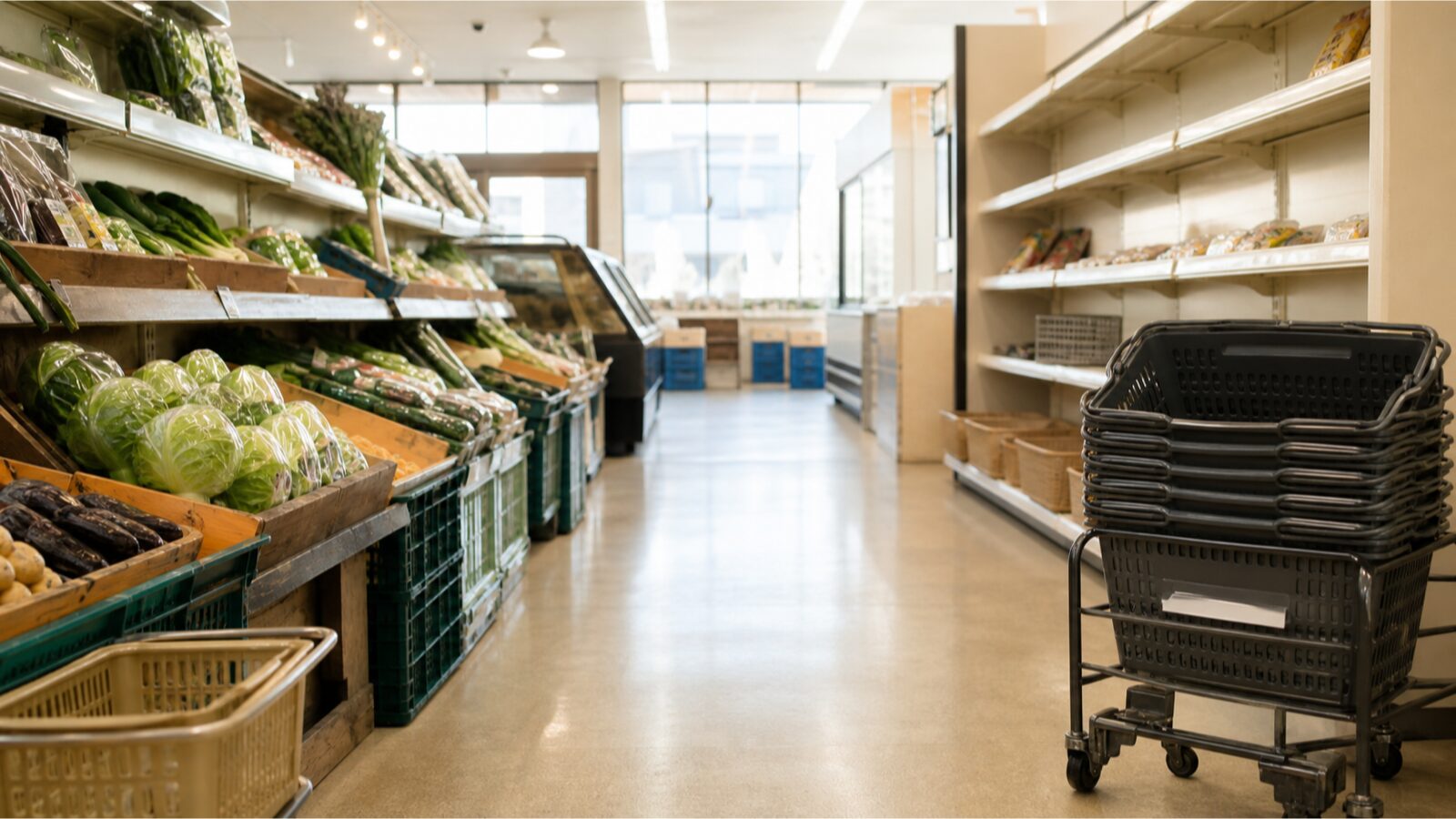 Early-morning Japanese chain-store aisle with baskets, produce crates and quiet retail lighting, without logos or readable text.