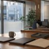 Quiet unbranded regional bank office with blank folders, a laptop and morning street light beyond the glass.