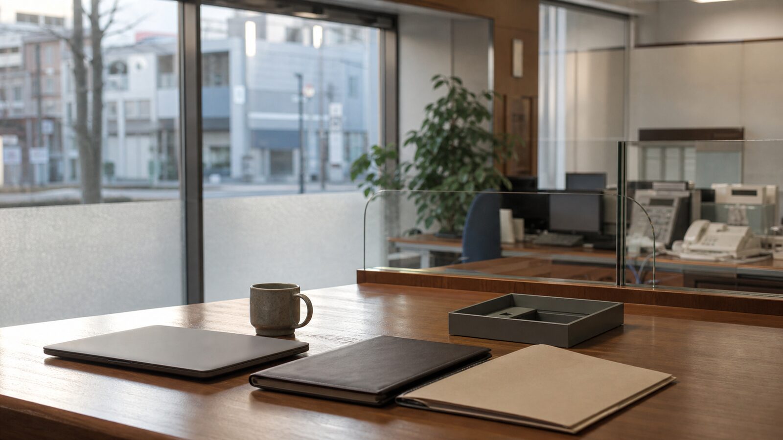 Quiet unbranded regional bank office with blank folders, a laptop and morning street light beyond the glass.