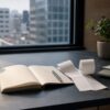Unbranded economics desk with a blank notebook, muted price receipts and morning light beside a Tokyo office window.
