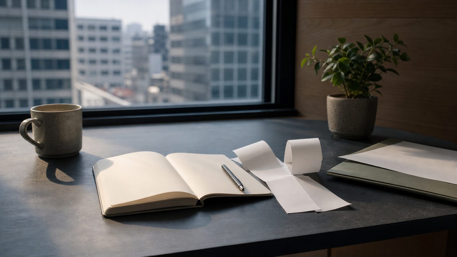 Unbranded economics desk with a blank notebook, muted price receipts and morning light beside a Tokyo office window.