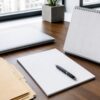 Blank calendar, folders and a closed laptop on a securities operations desk