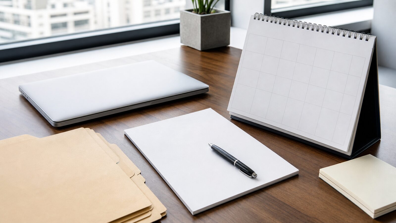 Blank calendar, folders and a closed laptop on a securities operations desk