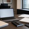 Blank laptop screen, folders and notebook on an investor research desk