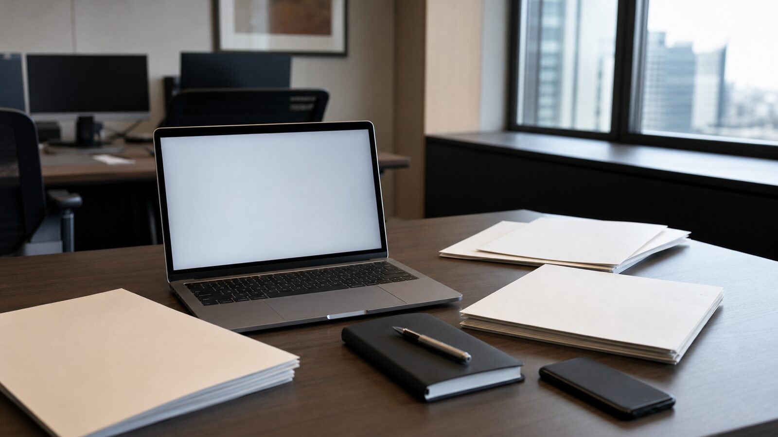 Blank laptop screen, folders and notebook on an investor research desk