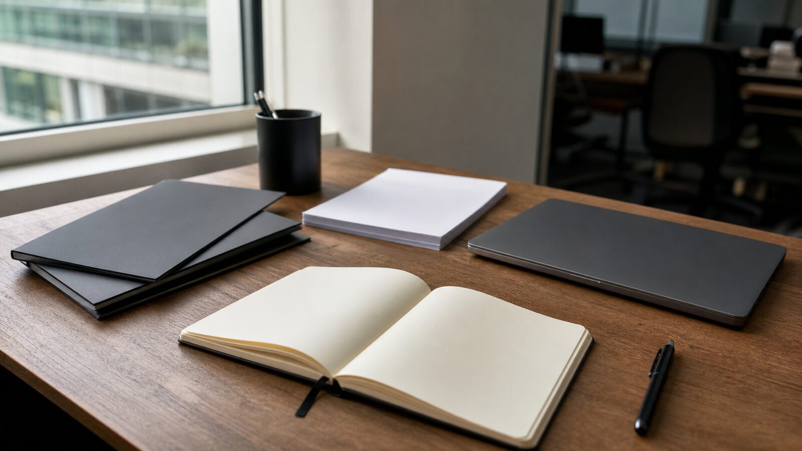 Blank folders, paper and a closed laptop on an investor research desk