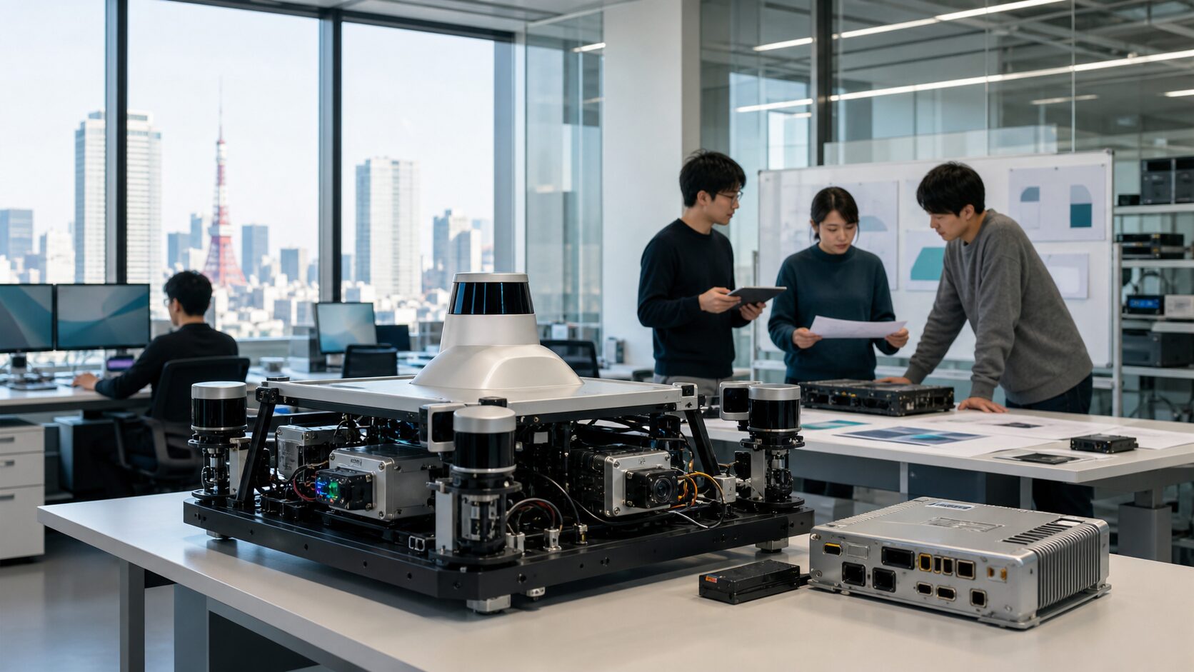 Engineers review an autonomous vehicle sensor rig in a Tokyo software lab without visible logos.