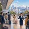 International travelers move through a modern Japanese airport corridor toward city and regional destinations.