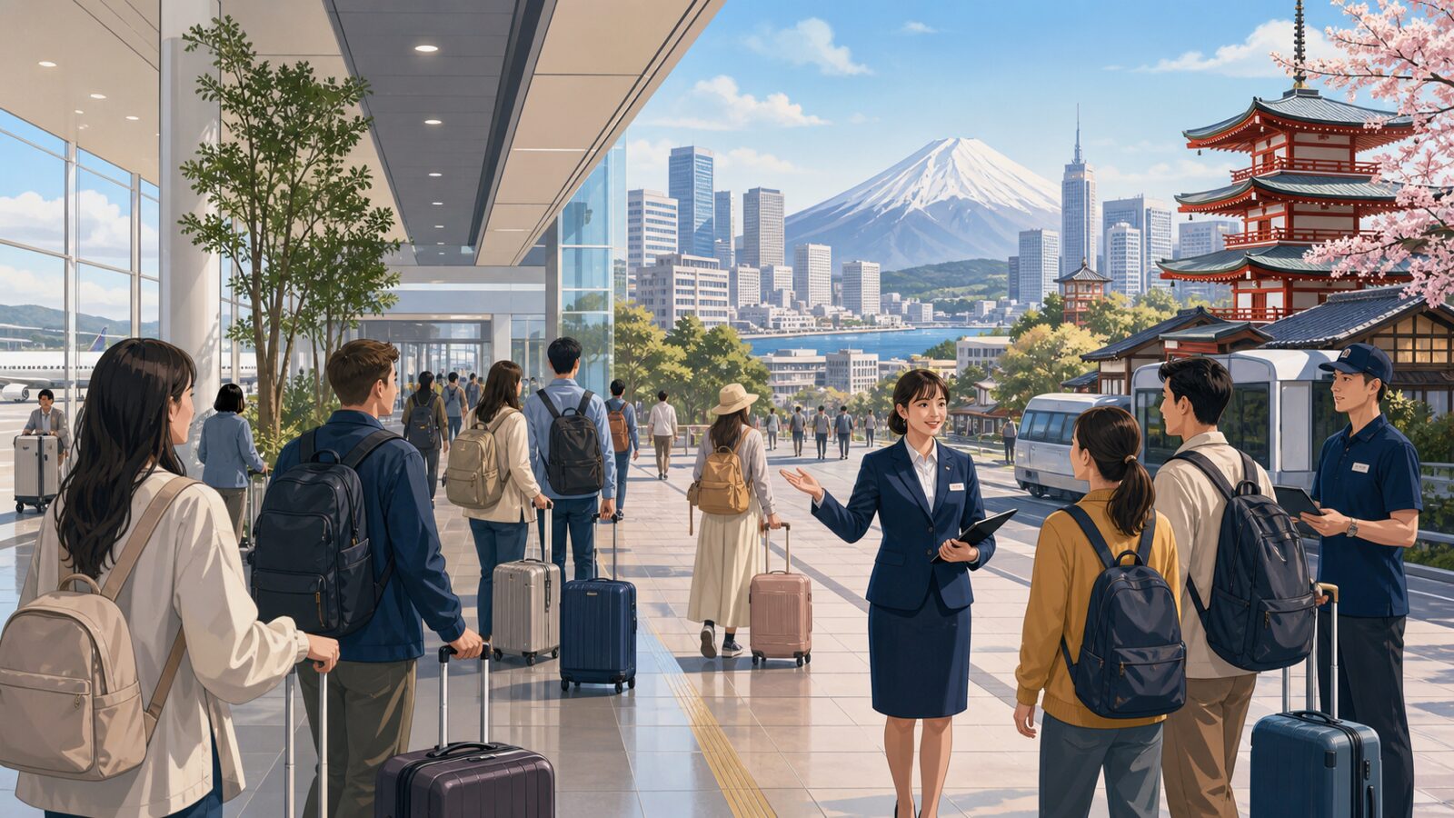 International travelers move through a modern Japanese airport corridor toward city and regional destinations.
