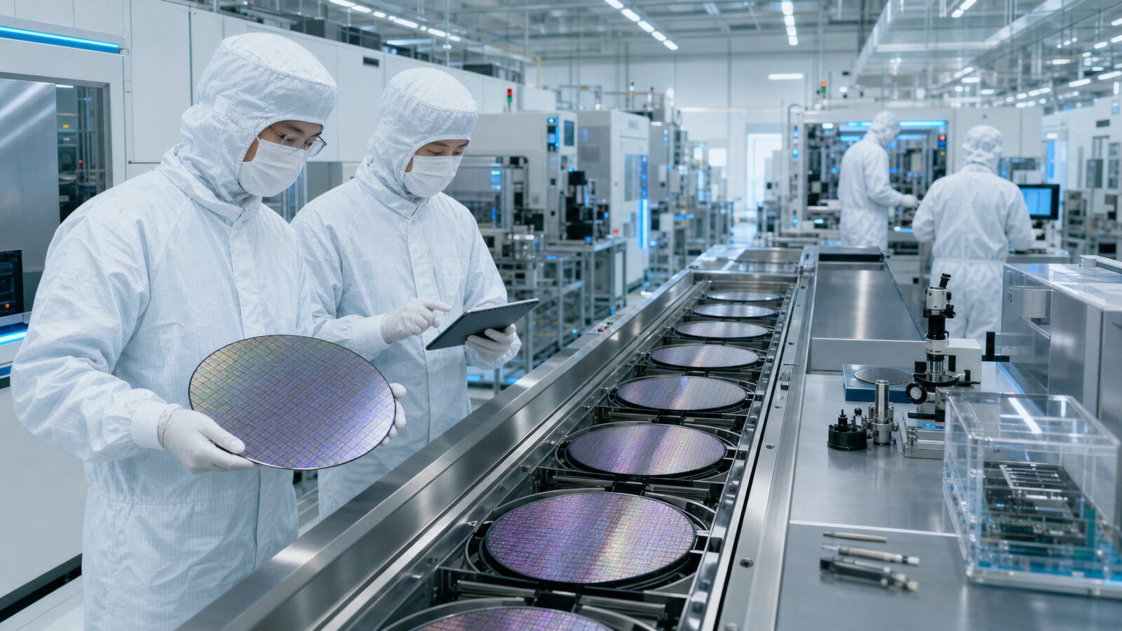 Semiconductor engineers inspect a clean 300mm wafer production line in Japan without logos or readable text.