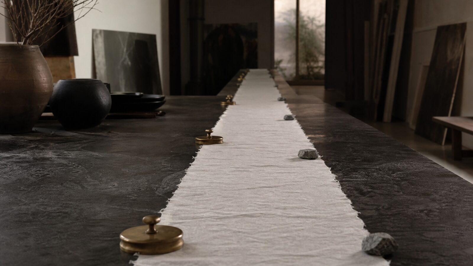 A long strip of handmade paper is held across a stone table by brass weights and small stones.