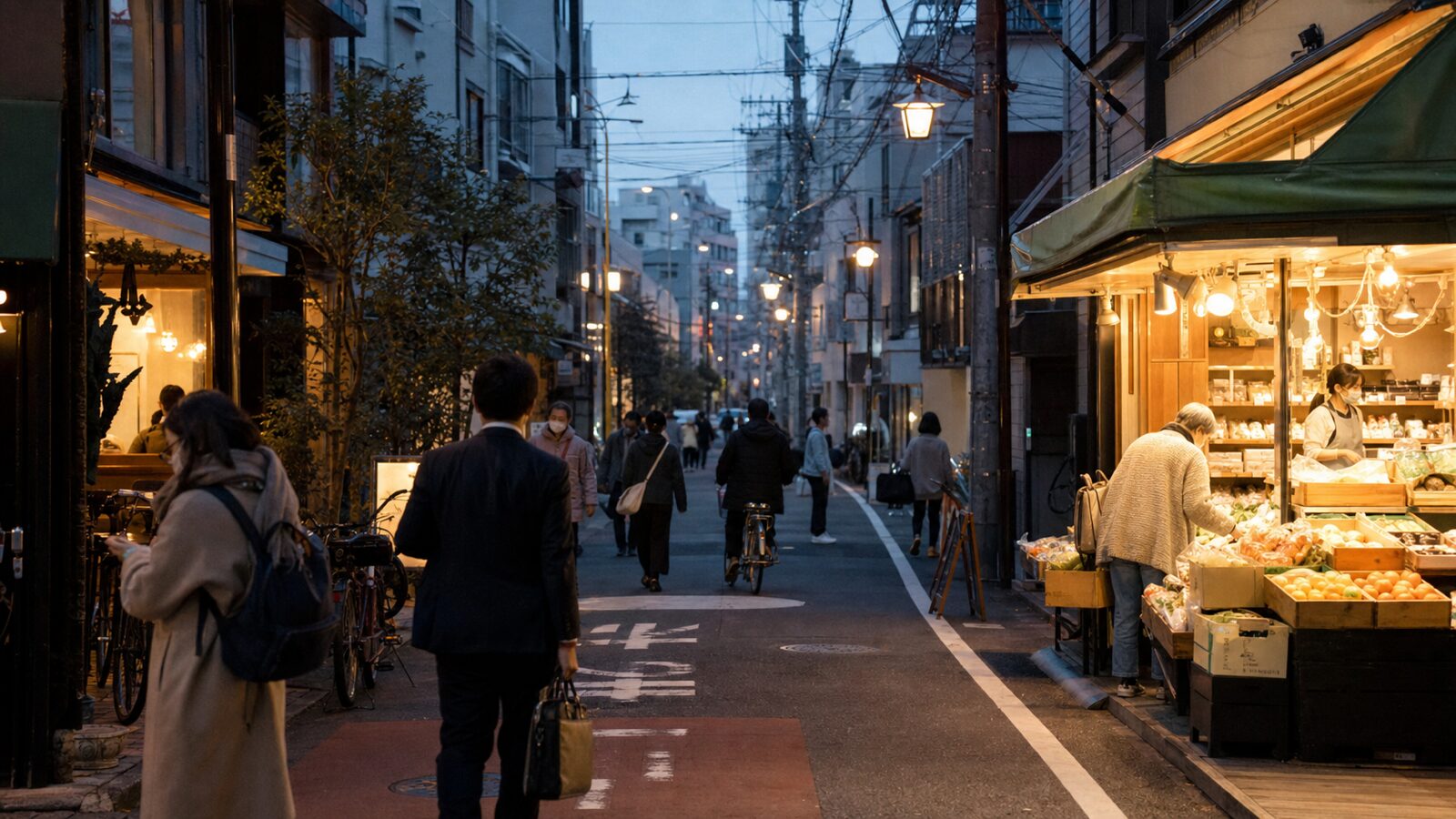 Local shoppers and commuters move through a neighborhood commercial street at dusk.
