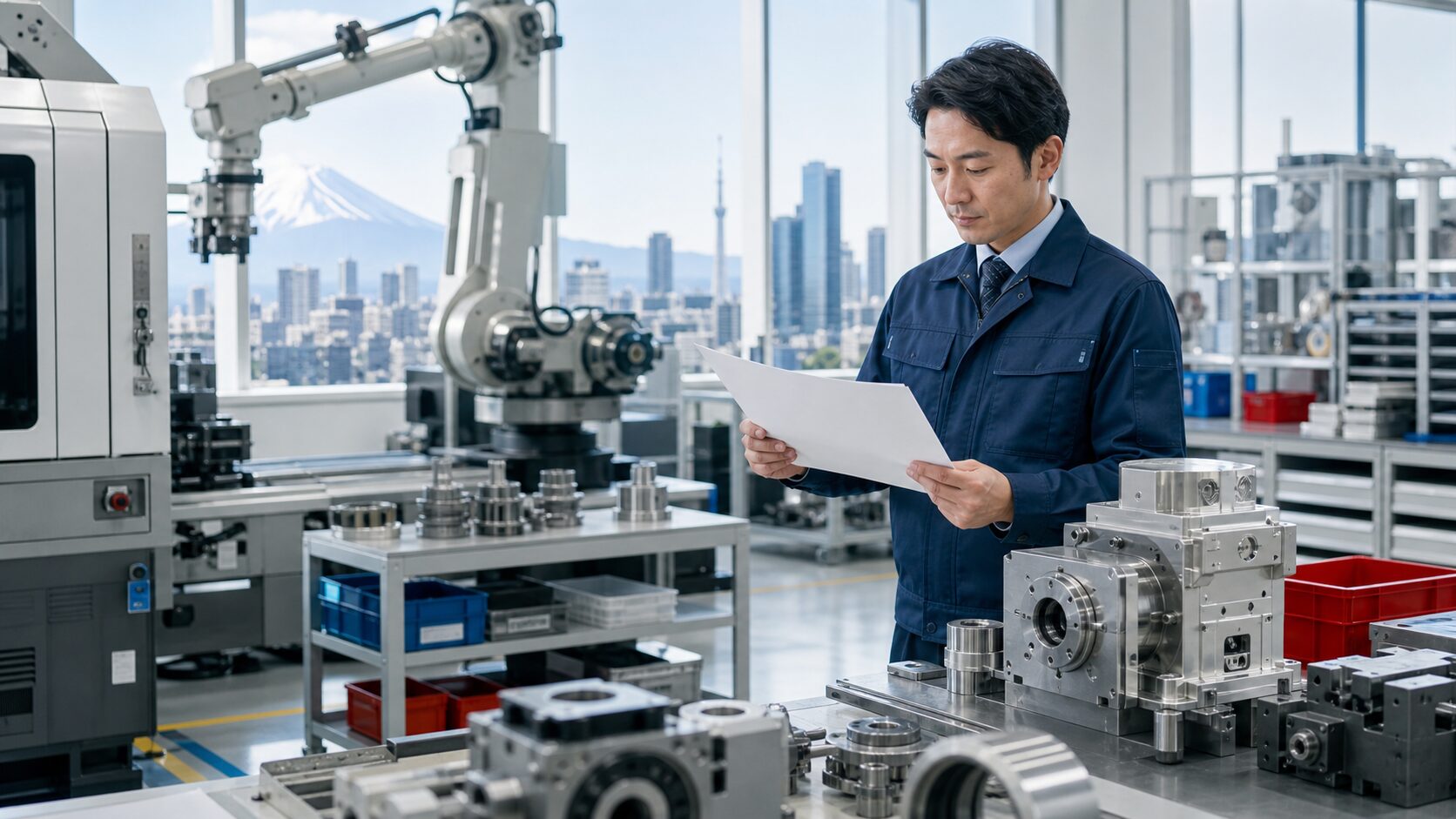 An engineer reviews machinery order documents beside precision equipment in a Japanese factory setting.