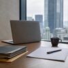A quiet financial office desk with blank papers and a laptop overlooking Tokyo buildings