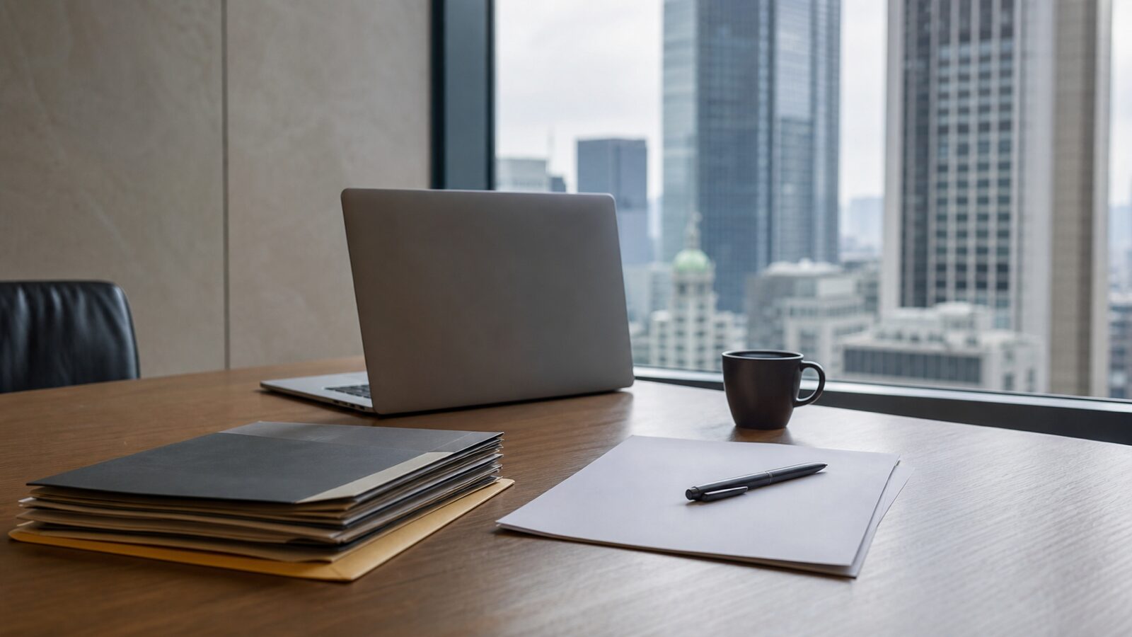 A quiet financial office desk with blank papers and a laptop overlooking Tokyo buildings