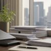 Quiet market-research desk with blank filings, a closed laptop, an external drive and a blurred office skyline.