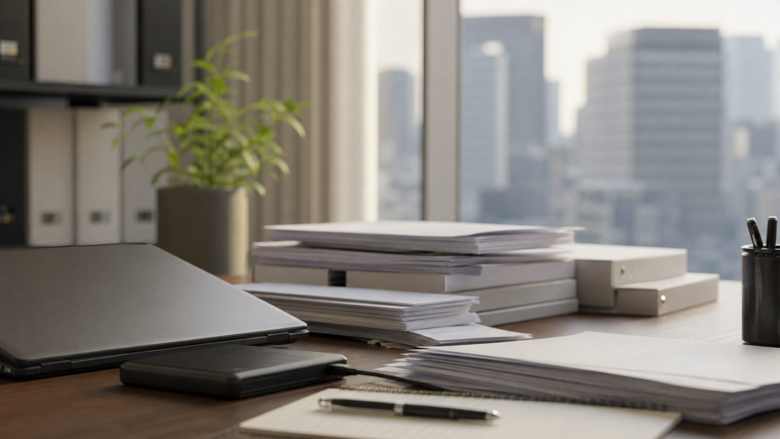 Quiet market-research desk with blank filings, a closed laptop, an external drive and a blurred office skyline.