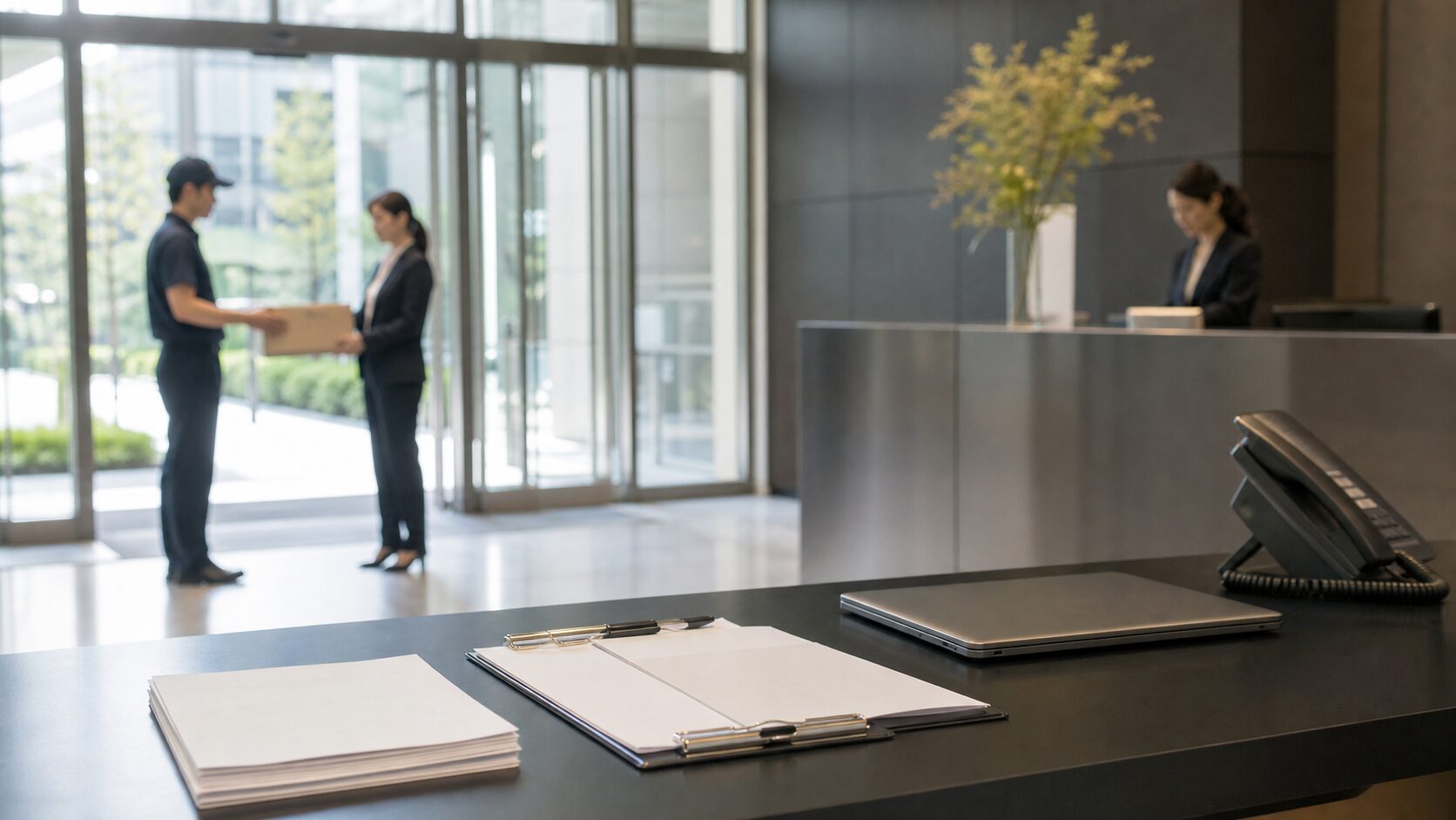 Quiet office lobby with a courier handoff, blank paperwork and a closed laptop on an unbranded service desk.