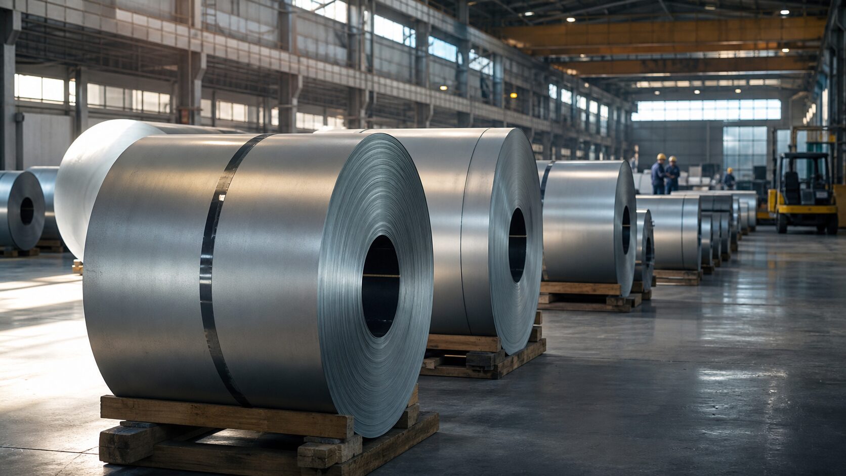 Unlabeled galvanized steel coils stacked on pallets in a quiet industrial warehouse with workers in the distance.
