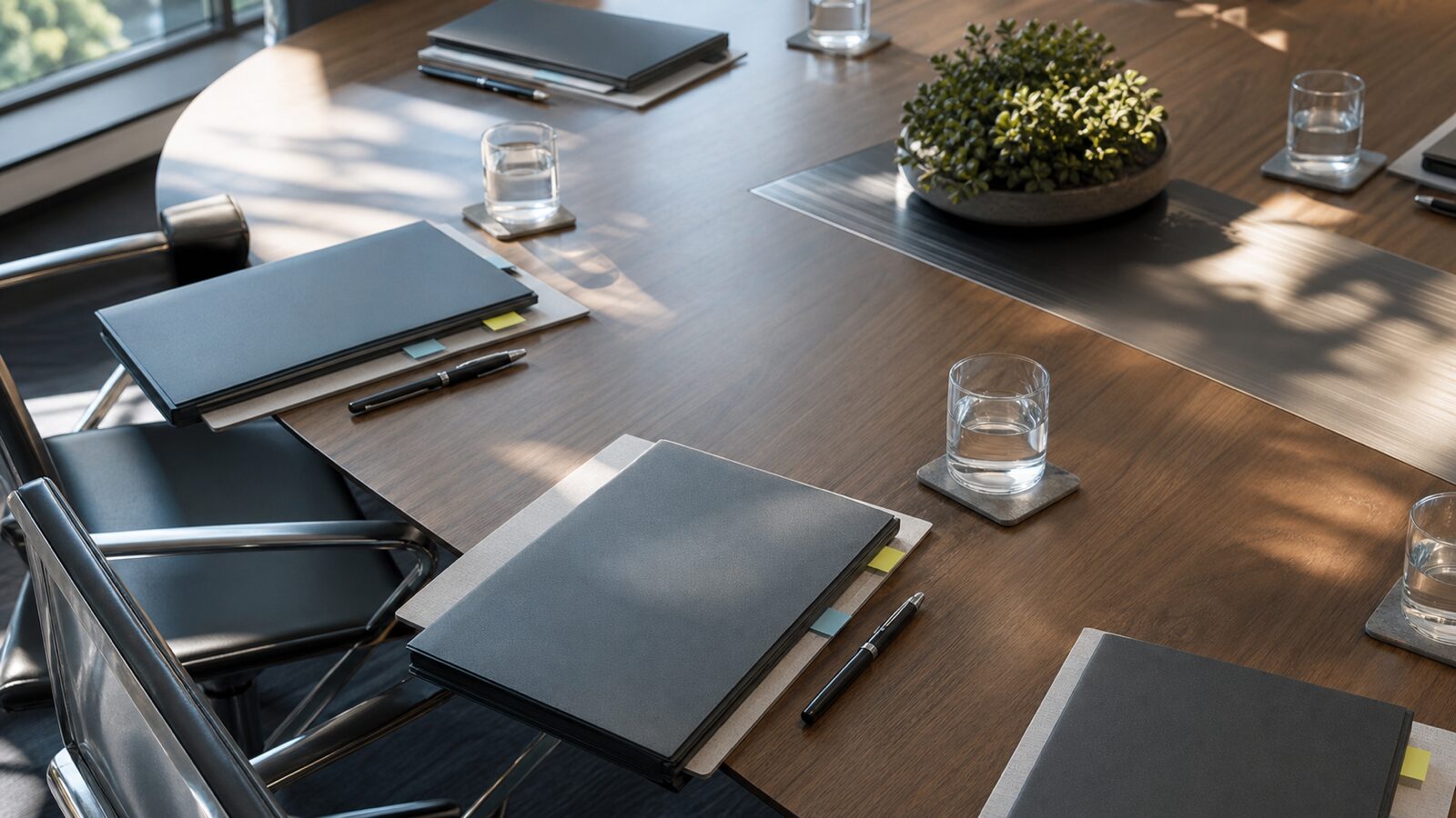 Wide editorial scene of a quiet boardroom table prepared for a governance discussion with no readable text or logos.