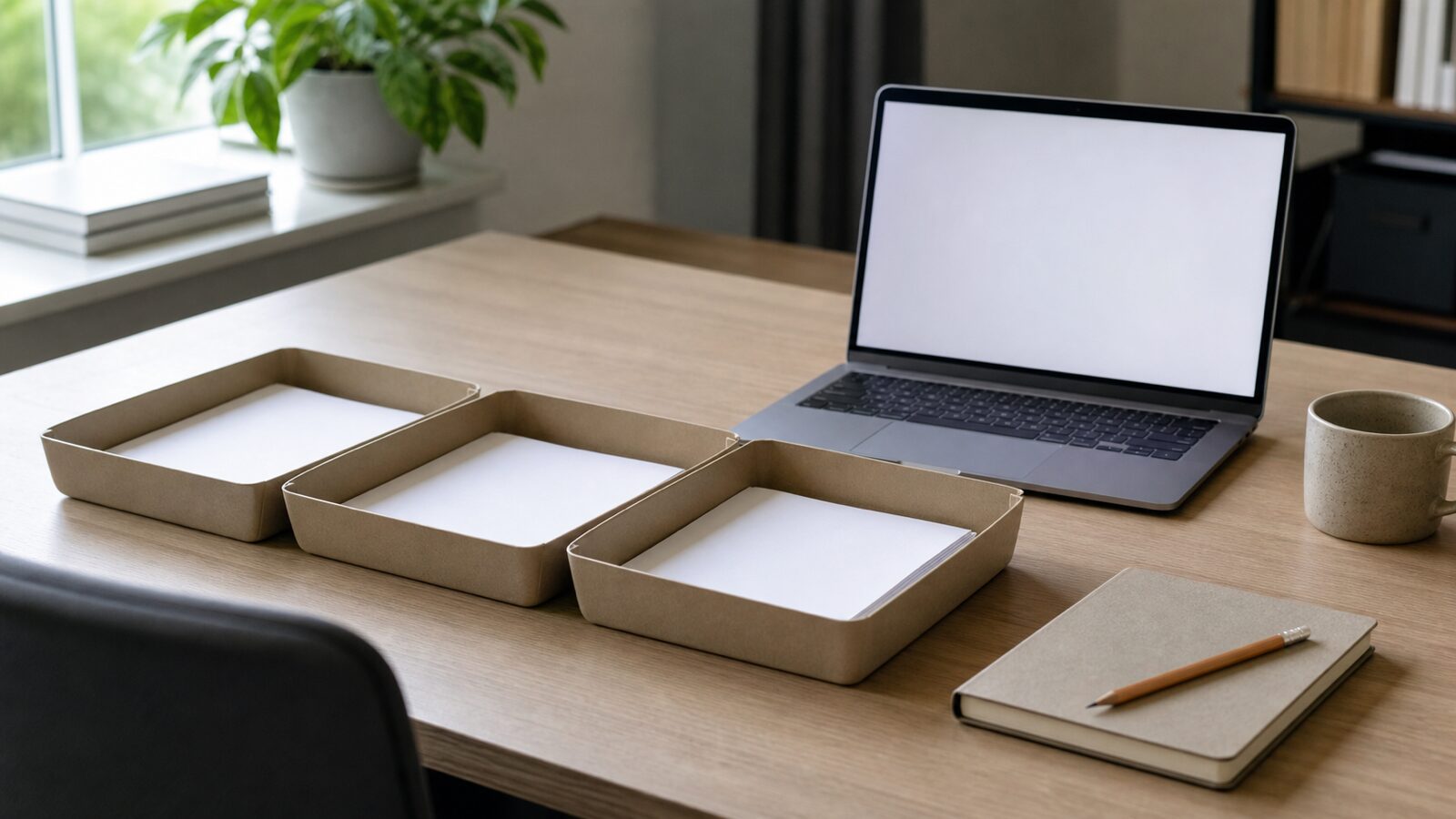 Document trays and a blank laptop screen arranged on a research desk