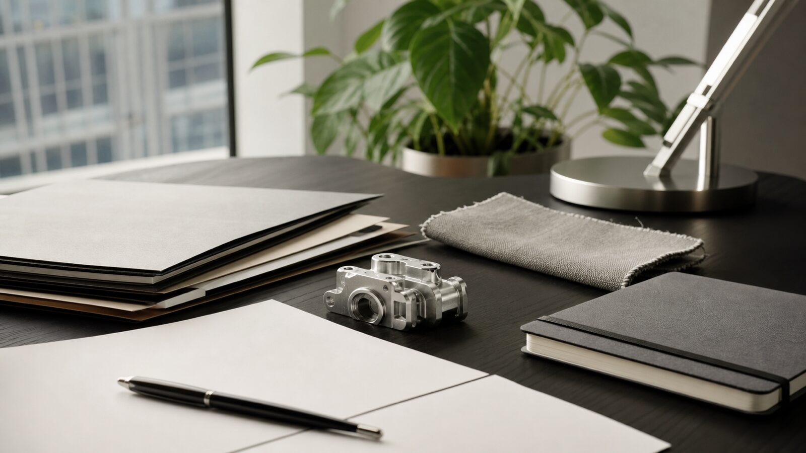 Venture-investment workspace with blank papers, folders, a notebook and a small unbranded hardware component.