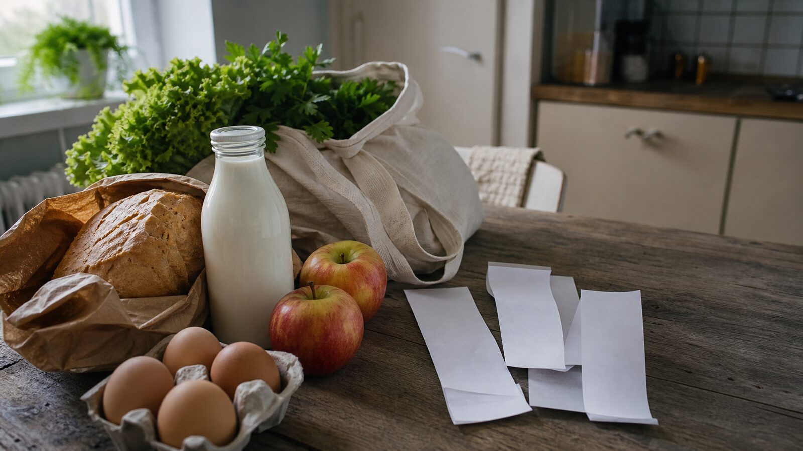 Kitchen table still life with plain grocery items, a cloth shopping bag and blank receipts in soft apartment light.