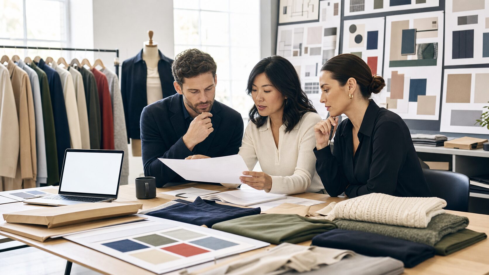 Apparel analysts review neutral documents beside product samples and a store expansion wall, with no readable text.