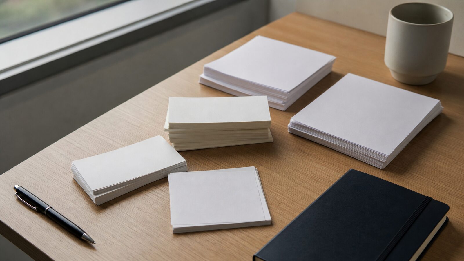 Blank paper stacks arranged on a quiet analyst desk