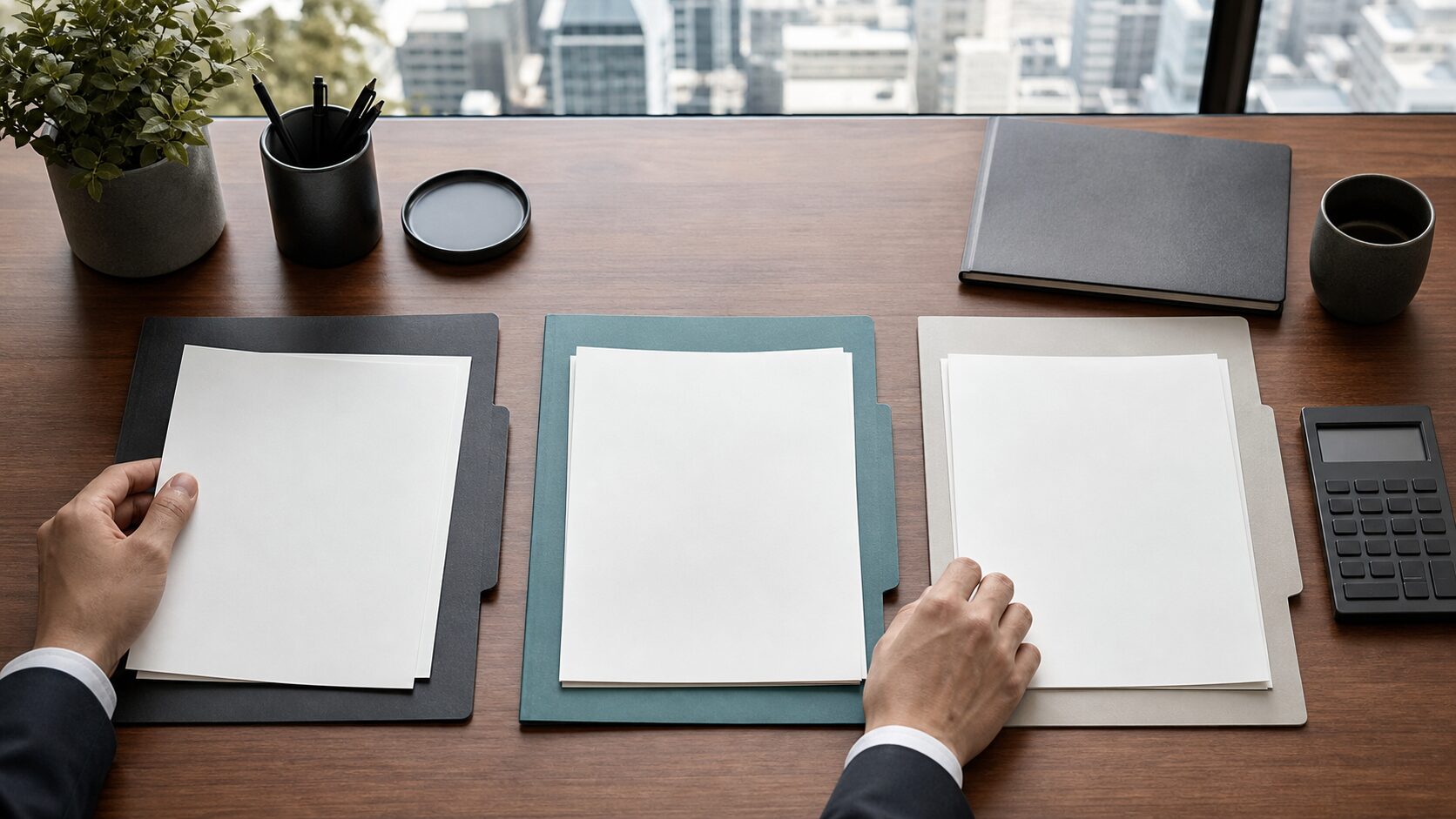 Three blank folders on a financial research desk represent loan demand, credit standards and spreads.