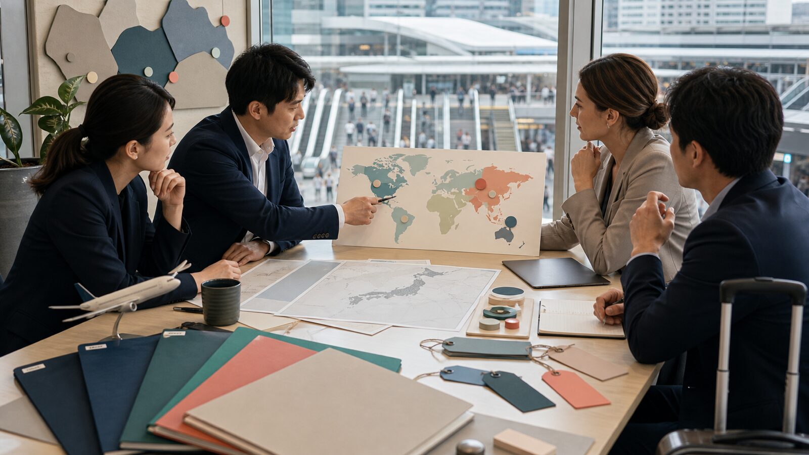 Tourism analysts review blank market folders and a neutral world map beside a Japanese transit hub.