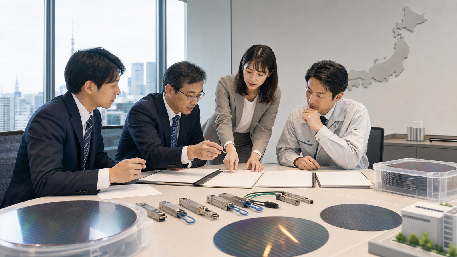 Semiconductor policy analysts review blank project folders beside wafers and optical modules.