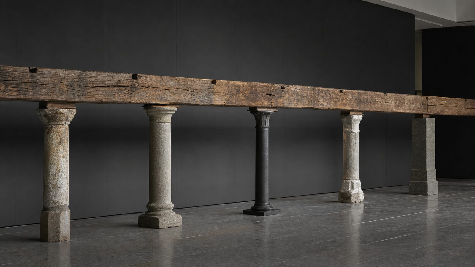 A long timber beam rests on a series of distinct stone and metal columns.
