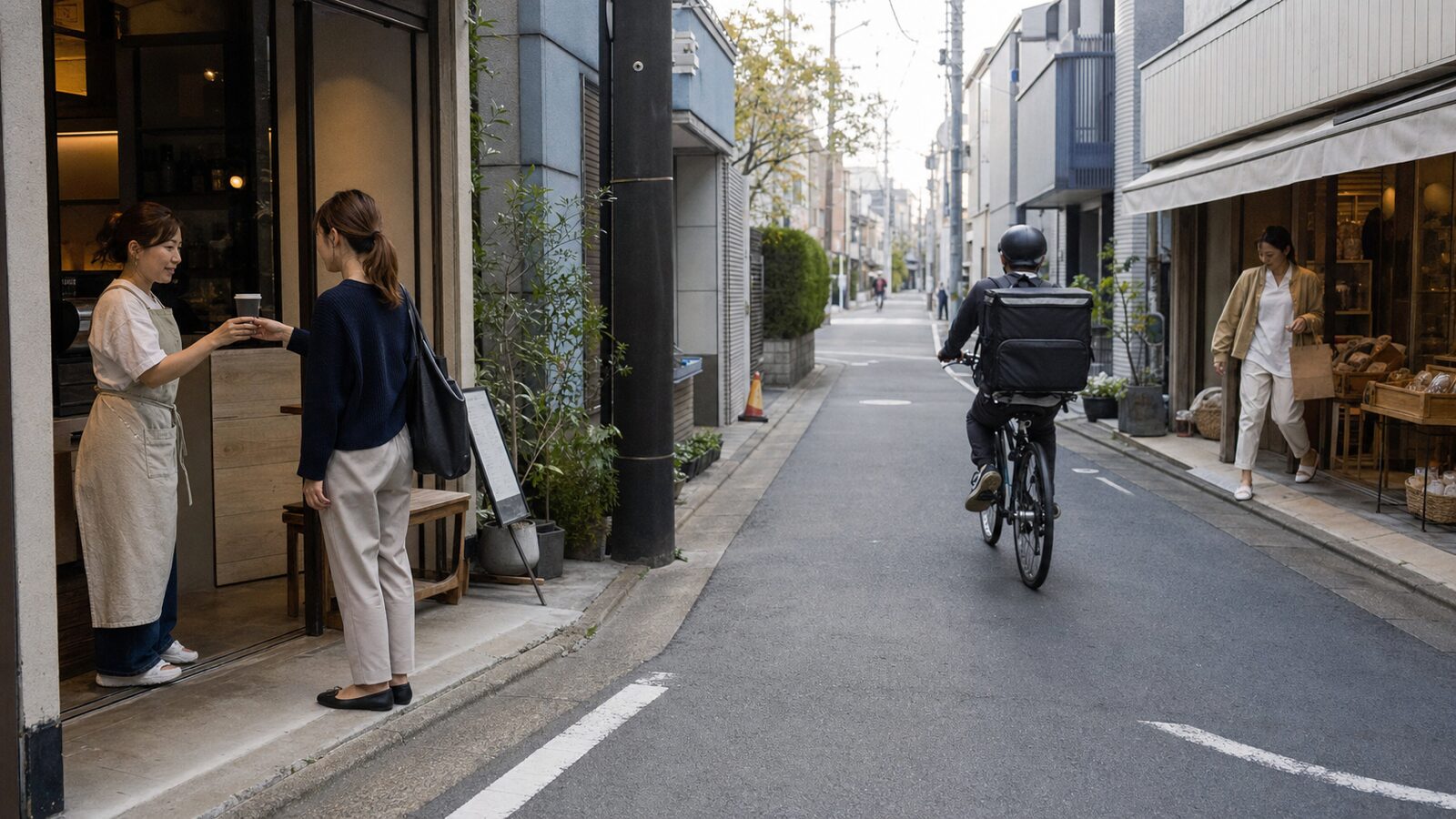 A cafe worker serves a customer as a delivery rider passes a neighborhood store.