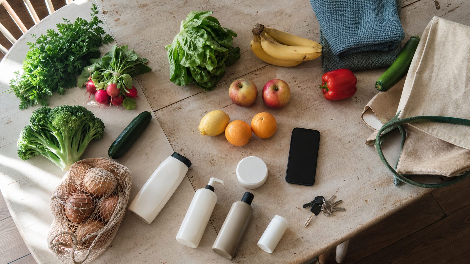 Fresh food, household goods, keys and a phone rest naturally on a worn dining table.