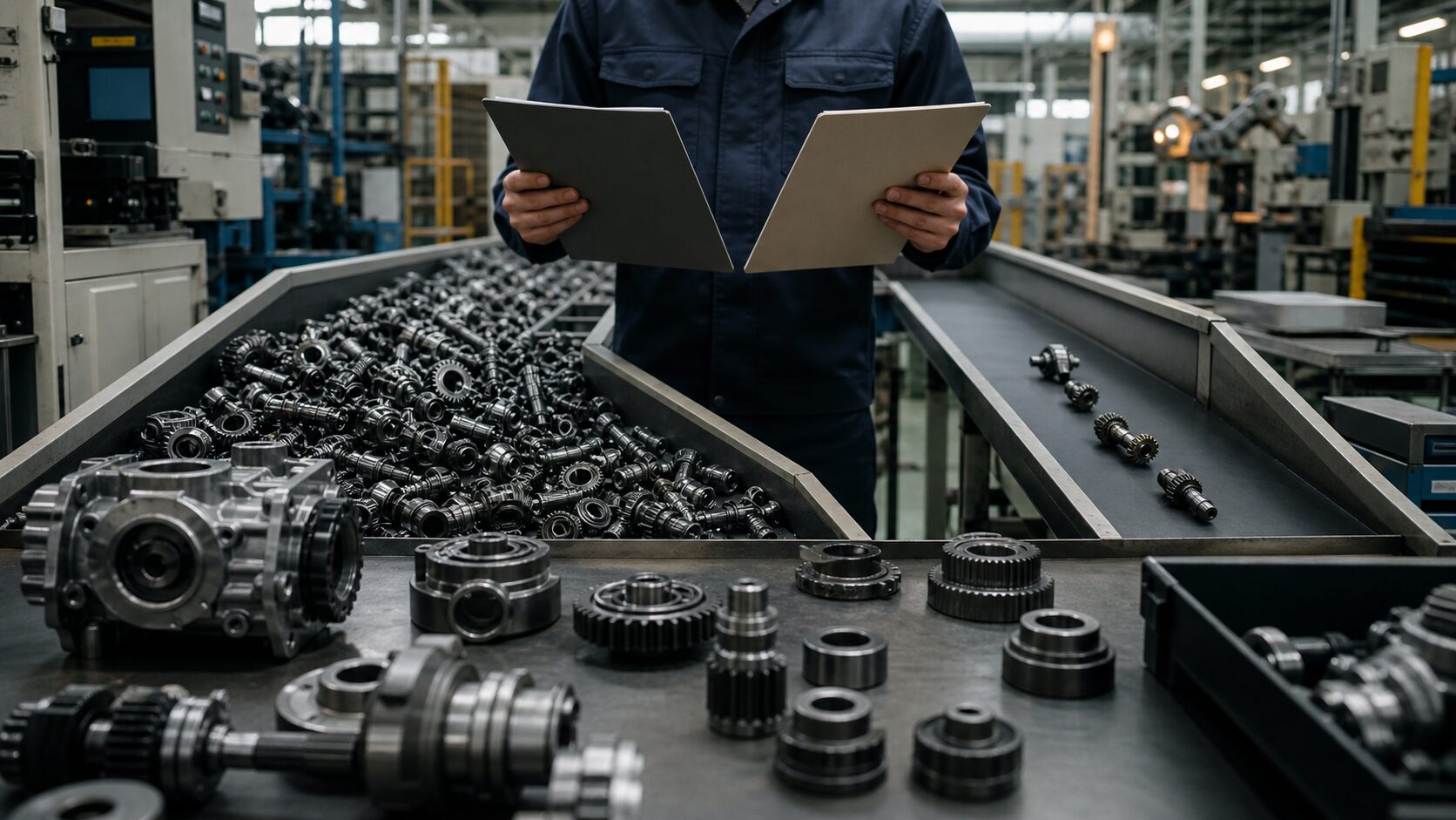 A factory worker compares two order folders beside production lines carrying different volumes of precision components.