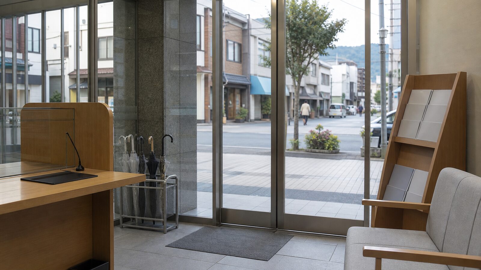 Unbranded regional bank lobby looking onto a modest shopping street, with blank brochures and a waiting bench.