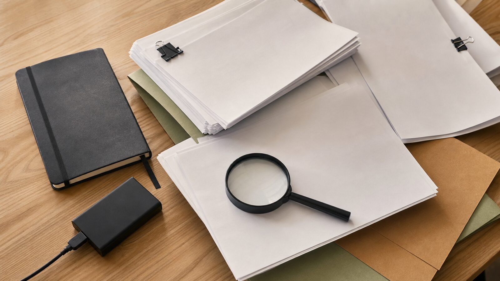 Overhead research table with blank document packets, plain folders, a magnifying glass, a closed notebook and an unbranded data drive.